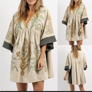 Dreamy Boho Embroidered Babydoll Dress | Cream + Sage | Size M